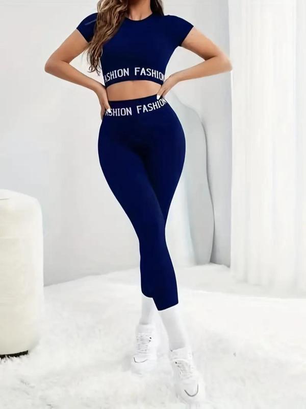 2 6 Piece Set Women's Patchwork Print Tape Sports Crop Top & High Waist Leggings Tracksuit Set, Sporty Clothes Women, Round Neck Short Sleeve Tee & Skinny Pants Set for Yoga, Jogging Suit Set, Back-to-school Clothing, Minimalistic Outfit, Fall Outfits