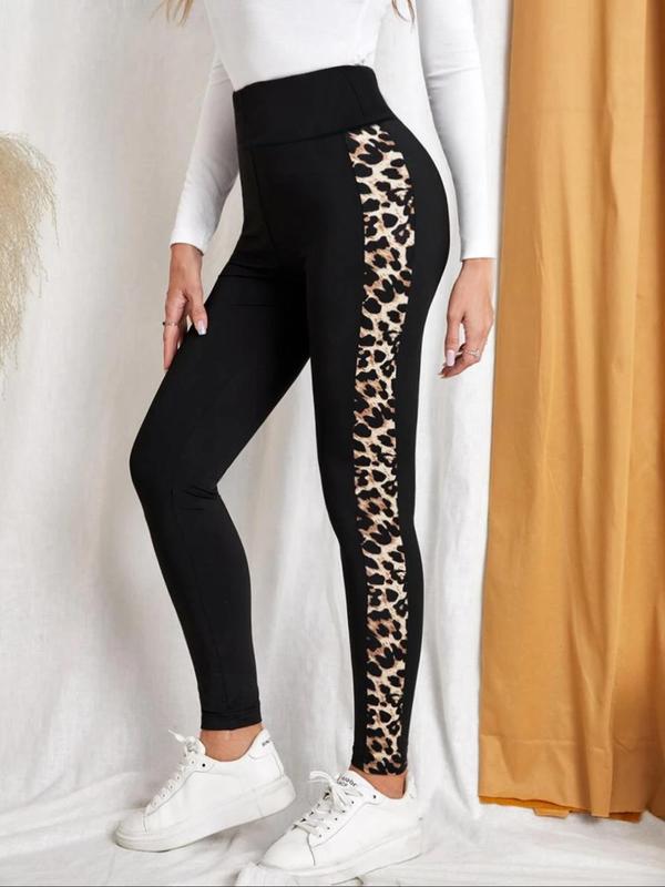 Women's Leopard Patchwork Print High Waist Sports Leggings, Sporty Comfy Breathable Skinny Pants for Yoga Gym Workout Running, Ladies Sportswear for All Seasons, Tummy Control