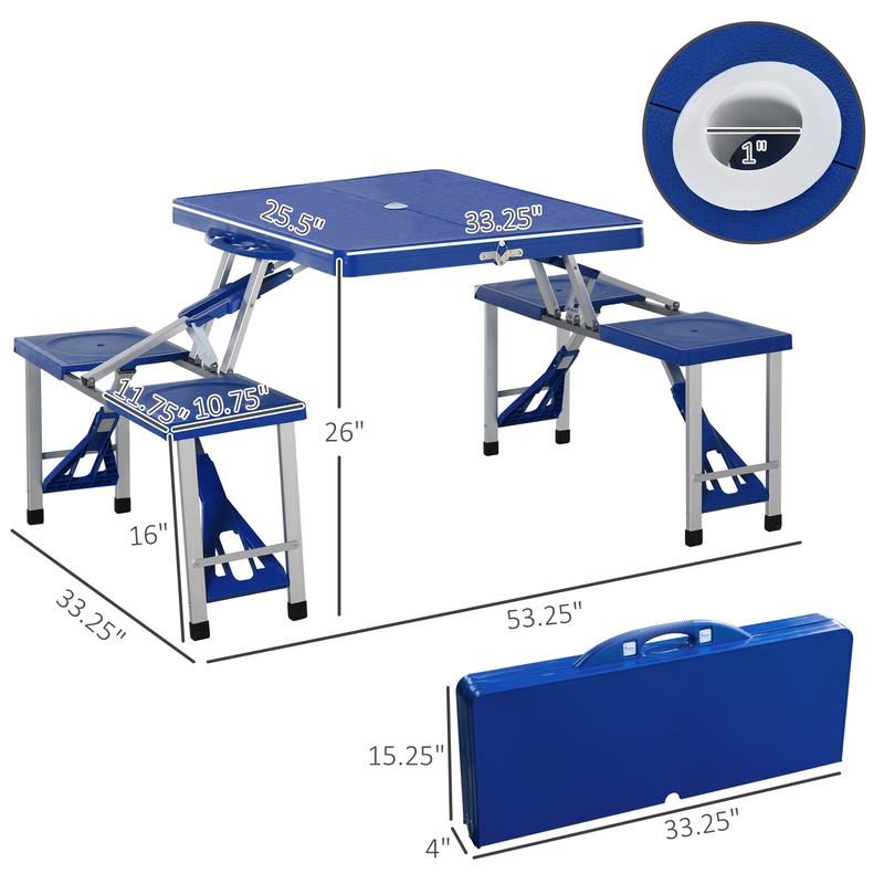 Outsunny Portable Foldable Camping Picnic Table Set with Four Chairs and Umbrella Hole, 4-Seats Aluminum Fold Up Travel Picnic Table