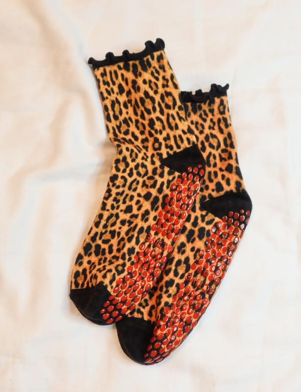 Leopard Print Quarter Crew Grip Sock ideal for pilates, lagree, barre, yoga, and beyond Women's