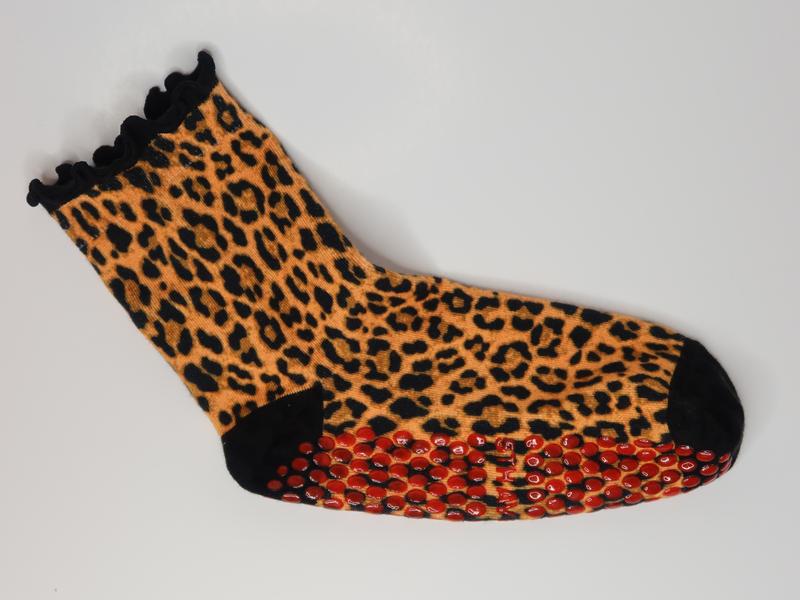 Leopard Print Quarter Crew Grip Sock ideal for pilates, lagree, barre, yoga, and beyond Women's