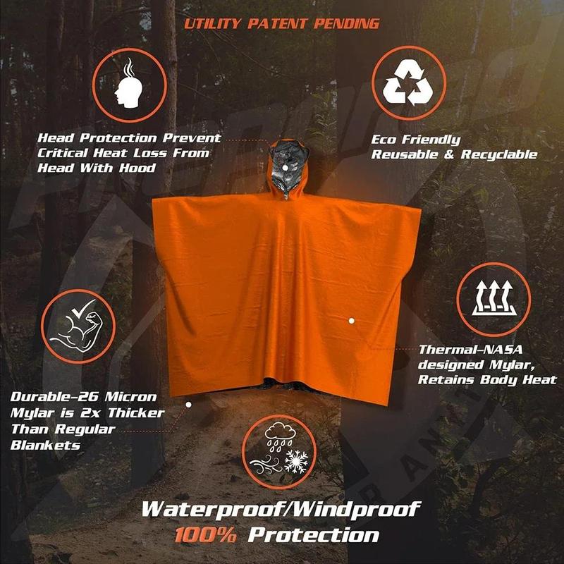 Emergency Rain Poncho, 1 Set Thermal Blanket Poncho with Storage Bag & Plastic Whistle, Weather Proof Outdoor Survival Camping Gear, Survival Bedding Gadgets