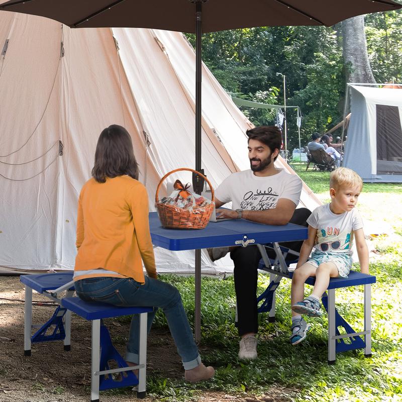 Outsunny Portable Foldable Camping Picnic Table Set with Four Chairs and Umbrella Hole, 4-Seats Aluminum Fold Up Travel Picnic Table