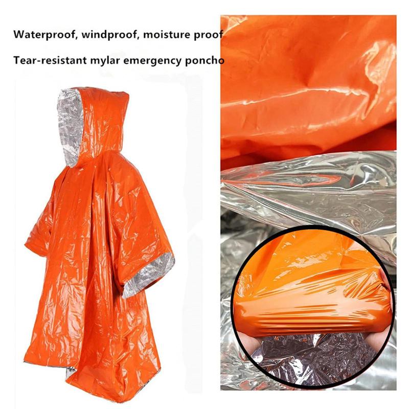 Emergency Rain Poncho, 1 Set Thermal Blanket Poncho with Storage Bag & Plastic Whistle, Weather Proof Outdoor Survival Camping Gear, Survival Bedding Gadgets