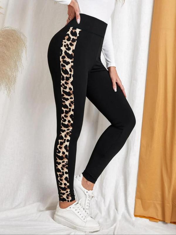 Women's Leopard Patchwork Print High Waist Sports Leggings, Sporty Comfy Breathable Skinny Pants for Yoga Gym Workout Running, Ladies Sportswear for All Seasons, Tummy Control