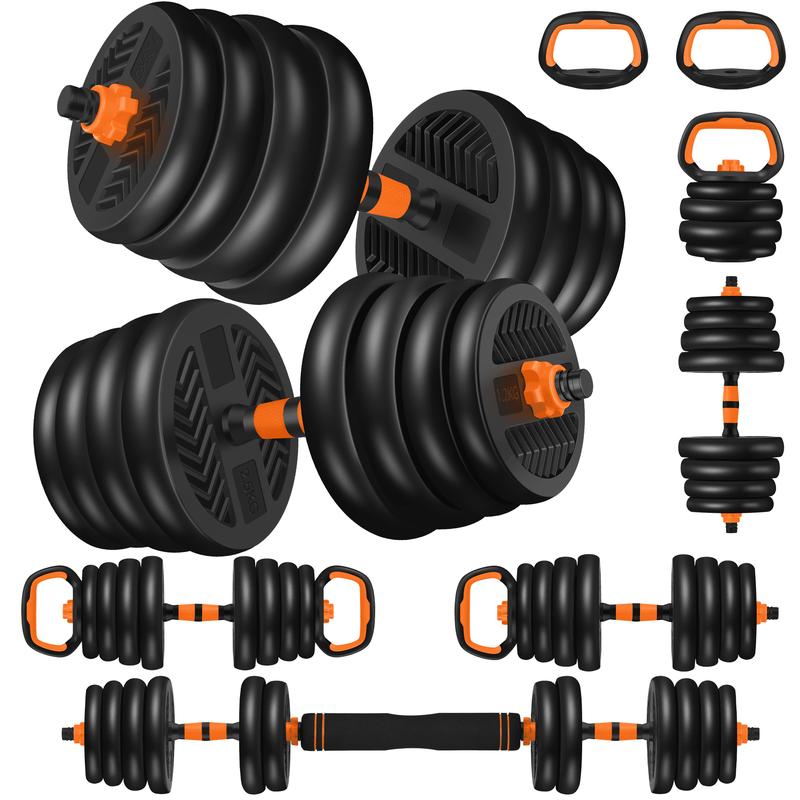 66LBS 4 in 1 Adjustable Dumbbell Set with Connecting Rod Used as Barbell, Kettlebells, Push up Stand, Fitness Exercises for Home Gym, Orange