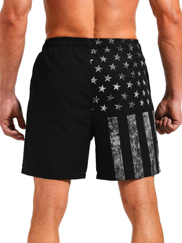 Men Swim Trunks Regular Fit Flag Print Drawstring Waist Beach Shorts, Casual Pocket Gym Shorts for Holiday Vacation, Fashion Men's Swimwear Bottoms for All Seasons