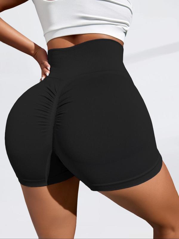 Women's Solid Ruched High Waist Sports Shorts, High Stretch Seamless Yoga Shorts, Ladies Sportswear for Indoor Outdoor Wear