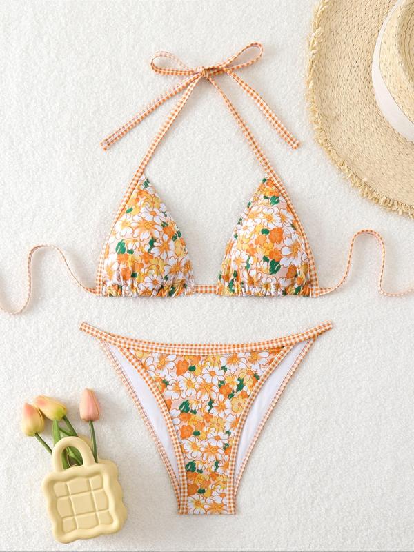 Two-Piece Set Women's Floral Print Contrast Binding Halter Wireless Triangle Bikini Top & Tie Side Swim Thong Bikini Set, Casual Fashion Chic Swimwear Set for Beach Holiday Vacation, Ladies Summer Clothes