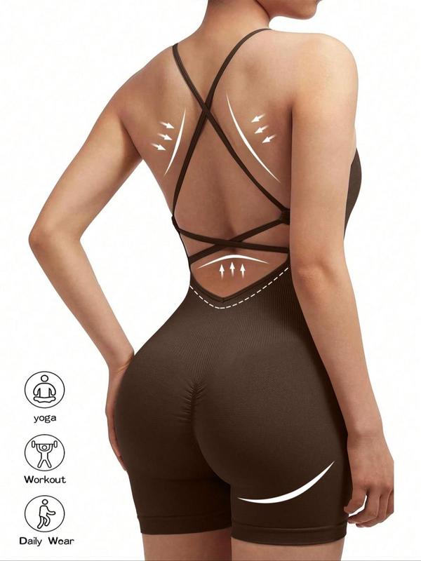 Women's Solid Criss Cross Backless Sports Romper, High Stretch Seamless Quick Drying Ruched Breathable Sports Jumpsuit For Yoga Gym Workout, Ladies Sportswear For All Seasons, Tummy Control