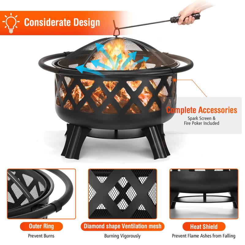 22-30 inch Fire Pit for Outside 2 in 1 BBQ Wood Burning Fire Pit for Outdoor Camping Large Fire Pit Wood Bowl Firepit with Grate Spark Screen Log Grate