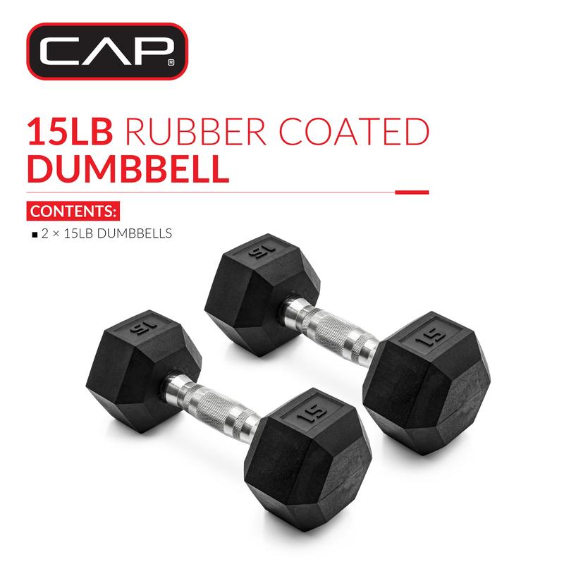 15lb Coated Rubber Hex Dumbbell, Pair