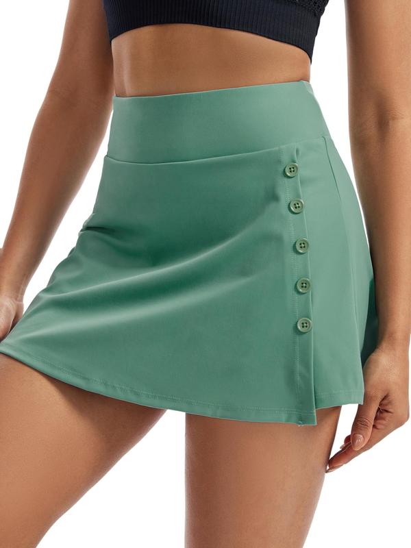 Women's Plain High Waist Button Front Sports Skort, Casual Pocket Design Skort for Gym Yoga Running Workout, Ladies Gym Shorts Sportswear for All Seasons