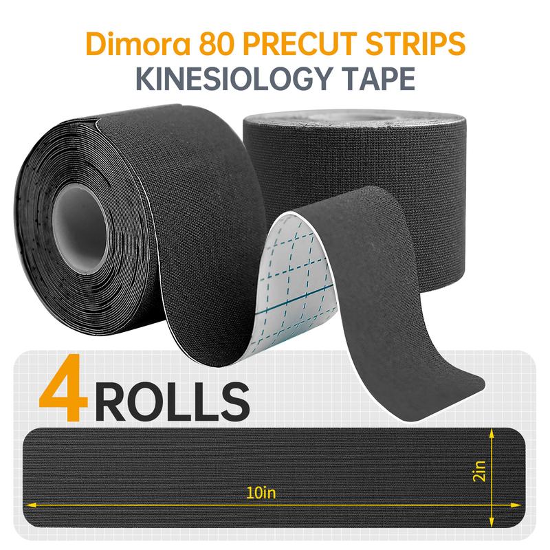 Dimora Kinesiology Tape 4 Rolls - Elastic Cotton Athletic Tape, 16.4 ft, 80 Pre-cut Tapes, Premium Tape for Muscle Pain Relief and Joint Support