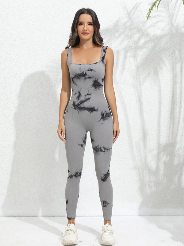 Women's Tie Dye Print Sports Jumpsuits, Sport Sleeveless Square Neck Jumpsuit, Ladies Sportswear Clothing for Indoor Outdoor Wear