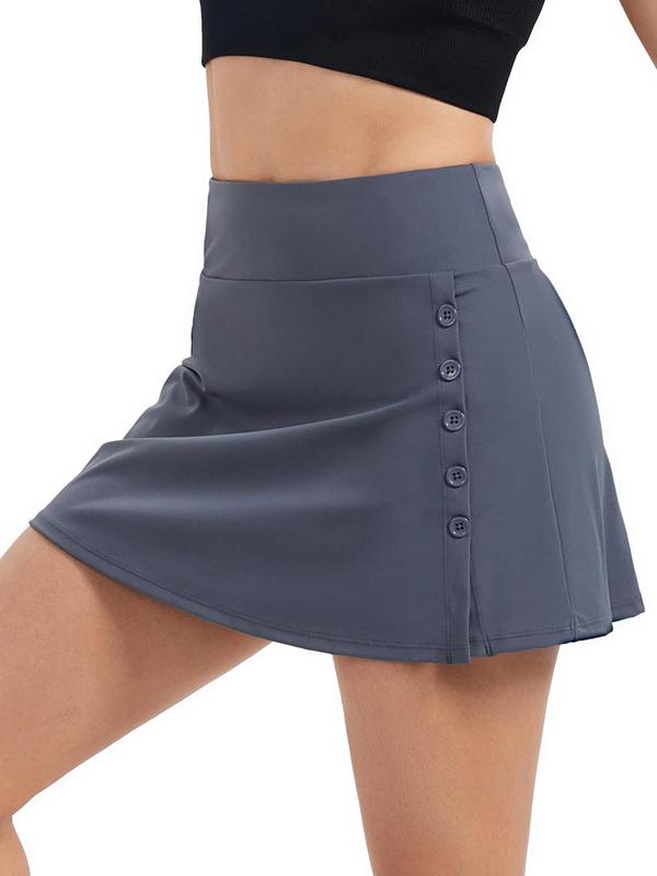 Women's Plain High Waist Button Front Sports Skort, Casual Pocket Design Skort for Gym Yoga Running Workout, Ladies Gym Shorts Sportswear for All Seasons