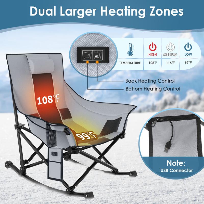 Heated Camping Rocking Chair-Black and Gray Spliced Color, Portable Outdoor Rocker with Heating Function, Perfect for Camping（no battery） Tailgating,