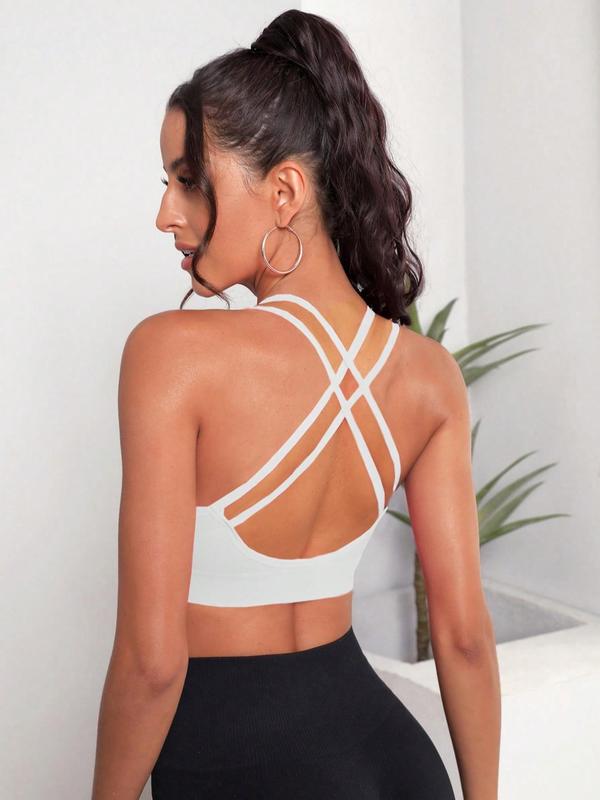 Women's Criss Cross Backless Scoop Neck Sports Bra, Solid Basic High Stretch Wireless Sports Bra, Gym Clothes, Women's Sports Bras for Workout Gym Yoga