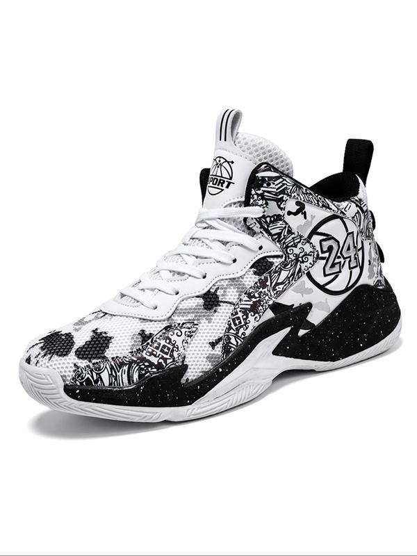 Sporty Unisex Men's Number & Basketball Print Lace Up Front Basketball Shoes, Back-to-school Shoes, Breathable Comfort Non-slip All Over Printed Sports Shoes for Men, Casual Trainers, Sports Footwear