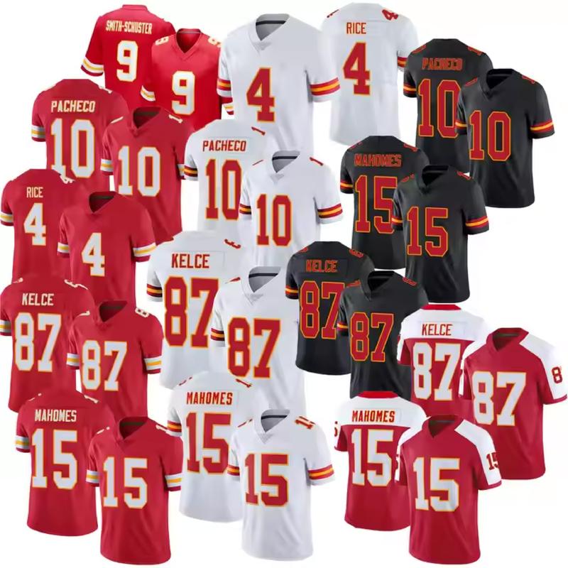 Mens Kansas City Football Jerseys 15 Patrick Mahomes 87 Travis Kelce 10 Pacheco 4 Rice 7 Butker Stitched Football Shirts