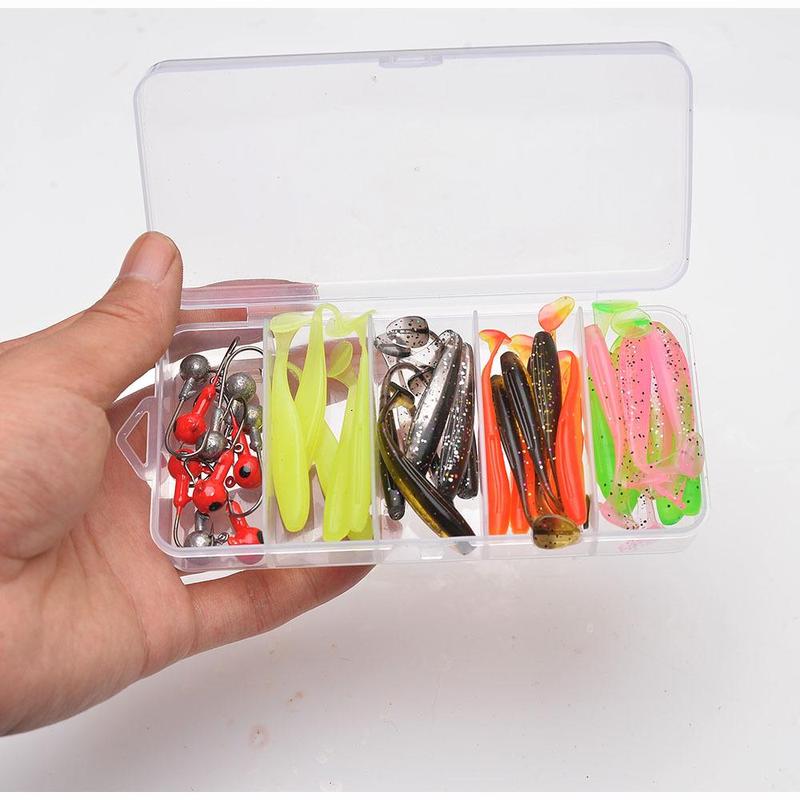 Fishing Lure Set, 40pcs box T-tail Paddle Tail Fish Soft Worm Soft Bait with Hook, Fake Bait Outdoor Fishing Accessories