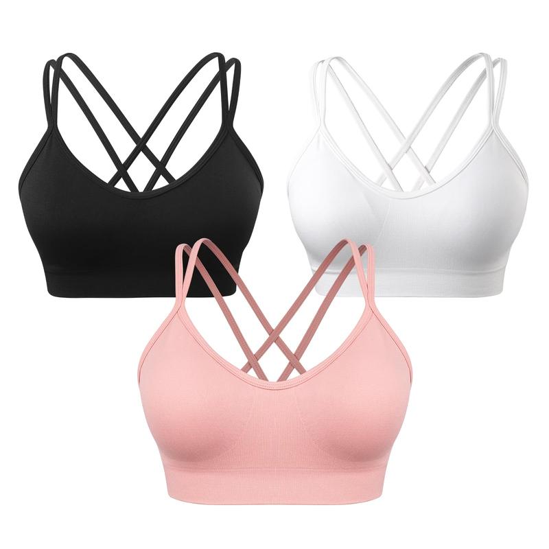 3 Pack Women's Cross Back Sports Bra Padded Strappy Medium Support Yoga Bra for Workout Fitness