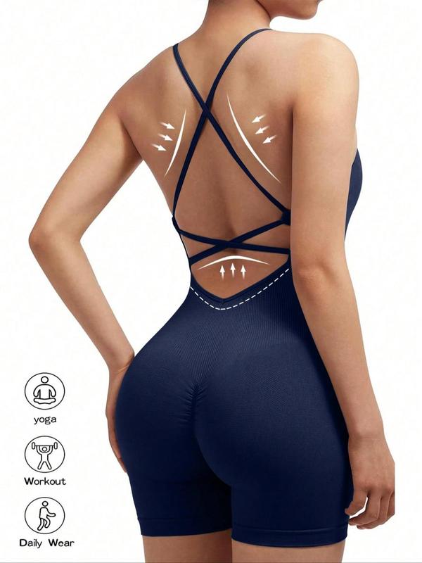 Women's Solid Criss Cross Backless Sports Romper, High Stretch Seamless Quick Drying Ruched Breathable Sports Jumpsuit For Yoga Gym Workout, Ladies Sportswear For All Seasons, Tummy Control