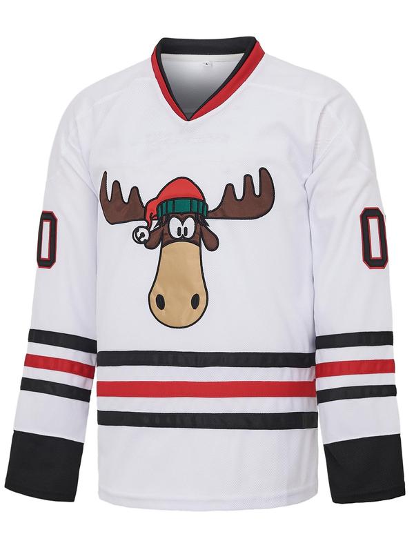 Men's Moose & Striped Embroidery Hockey Jersey, Casual Long Sleeve V Neck Sports Top for All Seasons, Fashion Men's Sportswear for Outdoor Activities