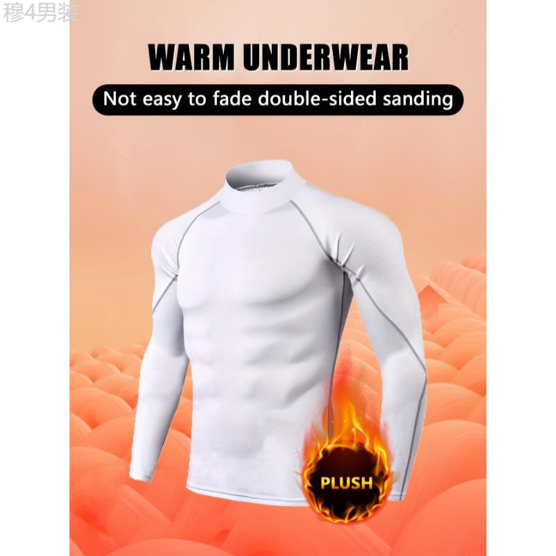 Long Sleeve Men's High Elasticity Stand Collar Thermal Compression Sport Shirt - Breathable, Quick-Dry Running & Workout Top For Fall Winter