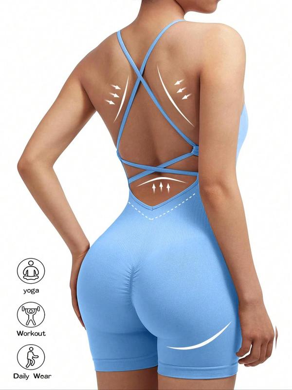 Women's Solid Criss Cross Backless Sports Romper, High Stretch Seamless Quick Drying Ruched Breathable Sports Jumpsuit For Yoga Gym Workout, Ladies Sportswear For All Seasons, Tummy Control