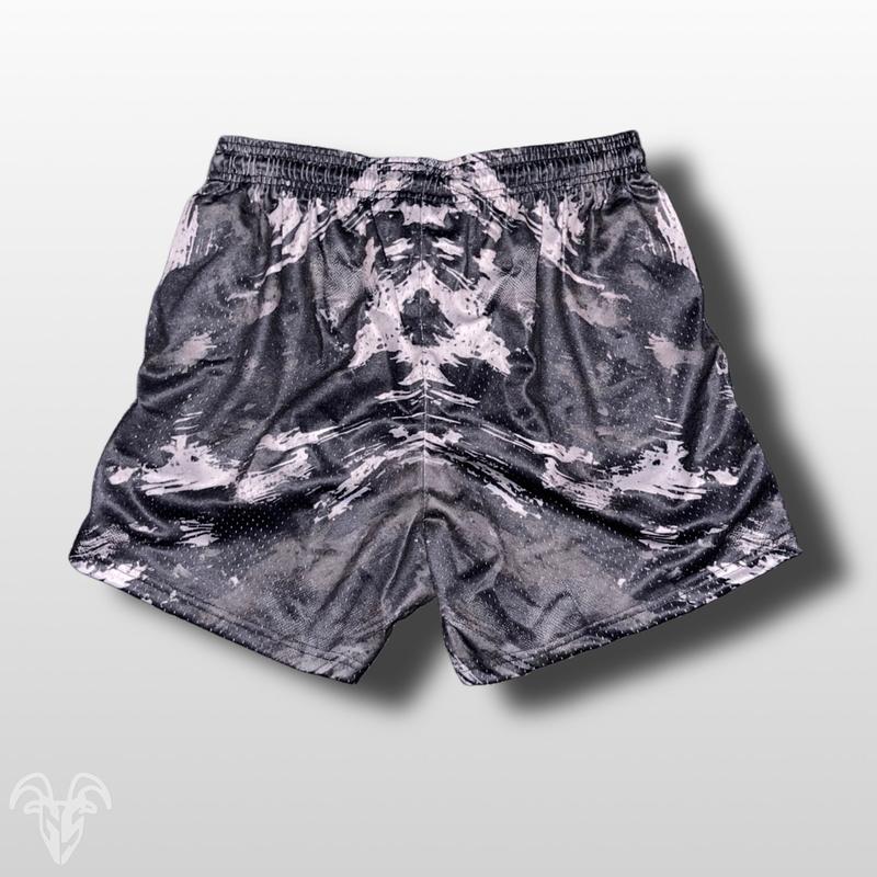 Black Scratch Ripped Camo Mesh Gym Shorts - 5 inch inseam shorts- Zipper Pockets