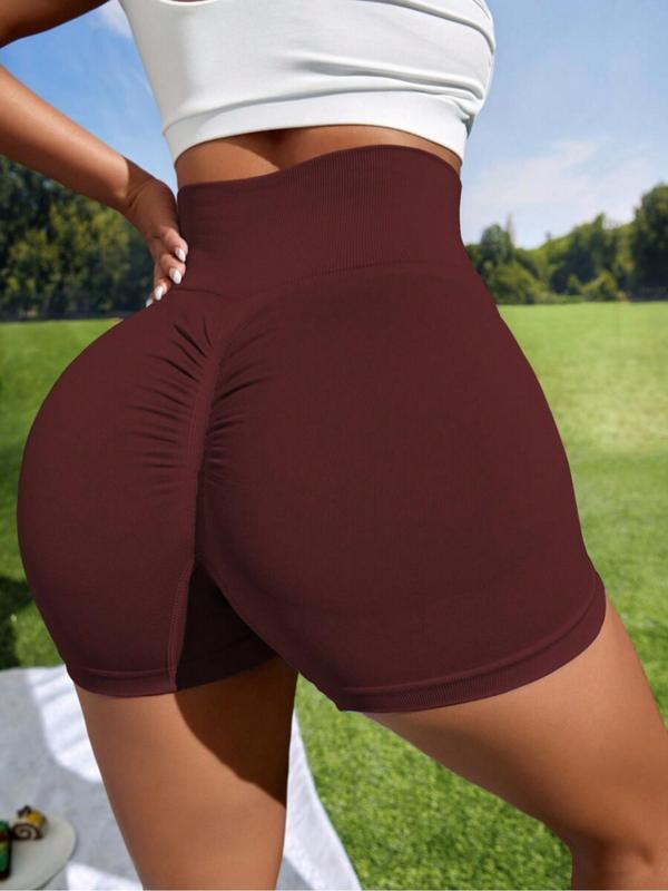 Women's Solid Ruched High Waist Sports Shorts, High Stretch Seamless Yoga Shorts, Ladies Sportswear for Indoor Outdoor Wear