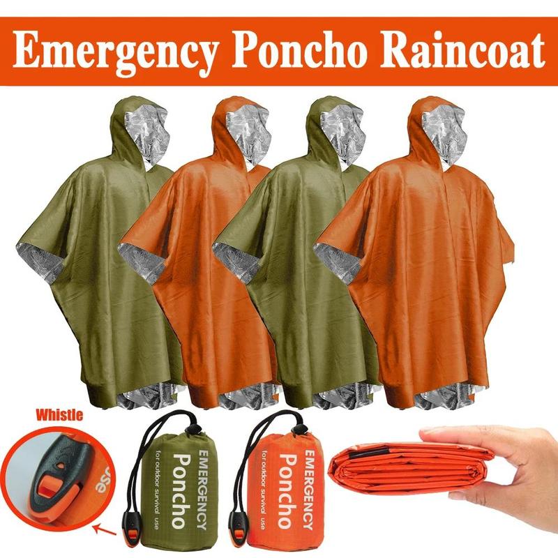 Emergency Rain Poncho, 1 Set Thermal Blanket Poncho with Storage Bag & Plastic Whistle, Weather Proof Outdoor Survival Camping Gear, Survival Bedding Gadgets