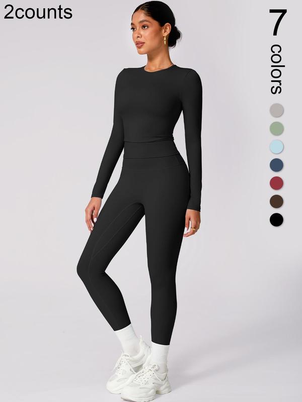 Women's Solid Long Sleeve Tee & High Waist Leggings Tracksuit Set, Sporty Casual Comfy Breathable Outfits for Yoga Gym Workout Running,  Gym Sets for Women, Ladies Fall & Winter Sportswear