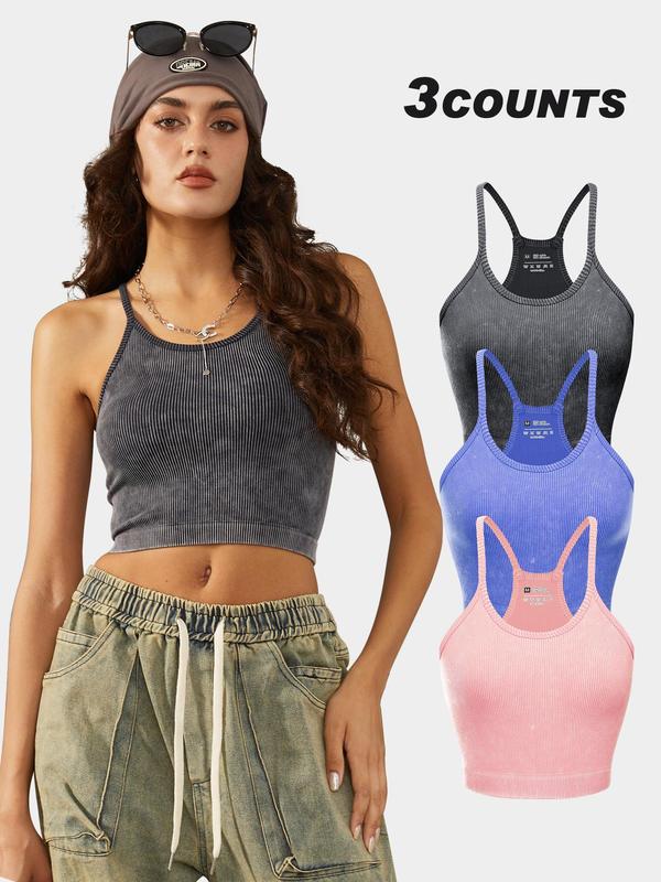 Women's Textured Ribbed Sports Vest, Women Solid Sleeveless Spaghetti Strap Crop Top for Yoga Gym Workout Running Tennis Pickleball, Back To School Ladies Sportswear Clothing, Cute Gym Clothes, Fall Clothes