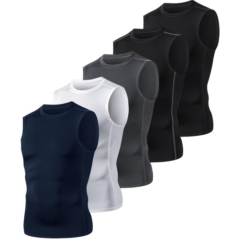 5 Pack Mens Sleeveless Compression Athletic Tank Tops - Moisture-Wicking, Medium Stretch, Quick-Drying, Breathable, Regular Fit - Ideal for Basketball, Running, Hiking, Outdoor Training, Casual Wear in Spring, Summer, Fall and Winter