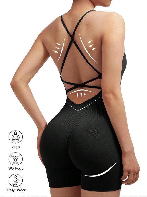 Women's Solid Criss Cross Backless Sports Romper, High Stretch Seamless Quick Drying Ruched Breathable Sports Jumpsuit For Yoga Gym Workout, Ladies Sportswear For All Seasons, Tummy Control