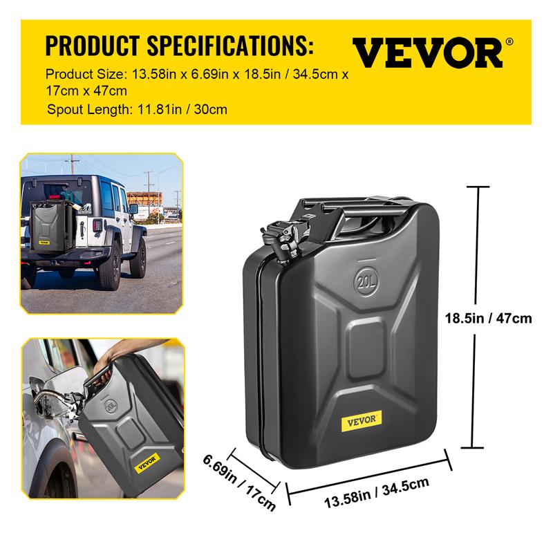 VEVOR Jerry Fuel Can, 5.3 Gallon   20 L Portable Jerry Gas Can with Flexible Spout System, Rustproof ＆ Heat-resistant Steel Fuel Tank for Cars Trucks Equipment, Black