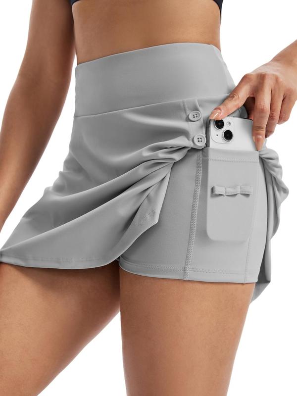 Women's Plain High Waist Button Front Sports Skort, Casual Pocket Design Skort for Gym Yoga Running Workout, Ladies Gym Shorts Sportswear for All Seasons