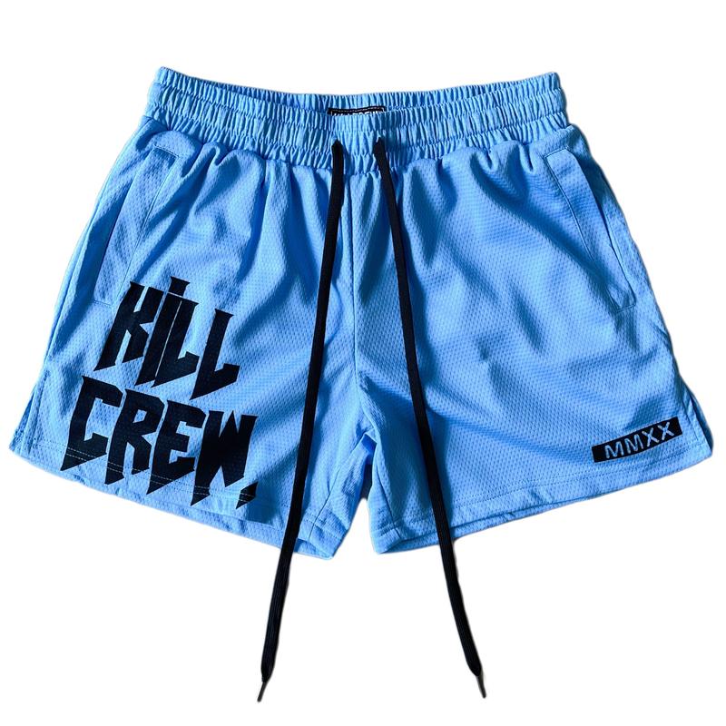 [Kill Crew] Muay Thai Shorts Logo - Blue, Unisex, Mid Thigh Cut, Pockets, Gym Shorts, Elastic Waistband, Long drawcord with wax tips