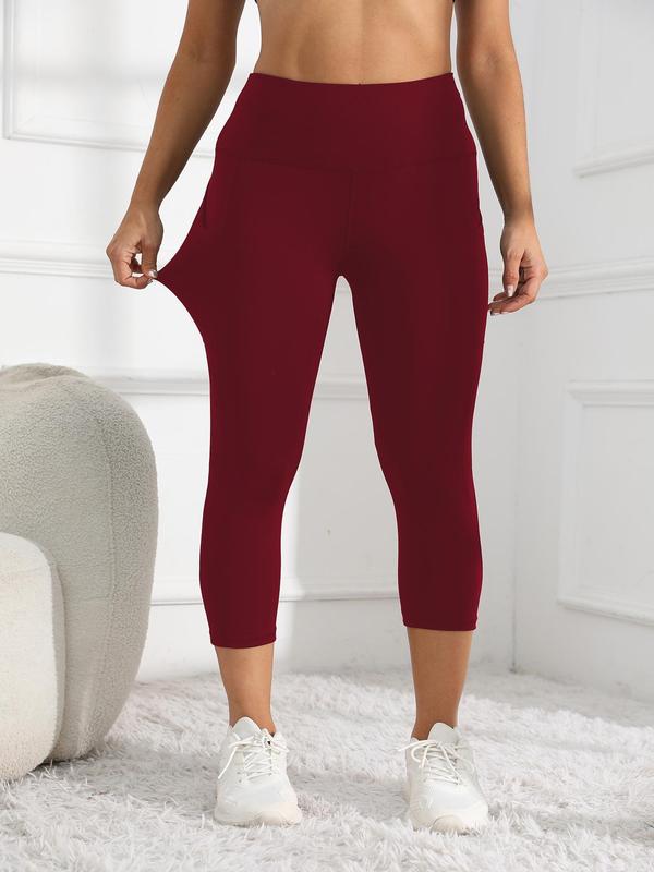 Plus Size Solid Pocket Sports Capri Leggings, Breathable Comfortable High Stretch Yoga Leggings, Ladies Sportswear for Indoor Outdoor Wear