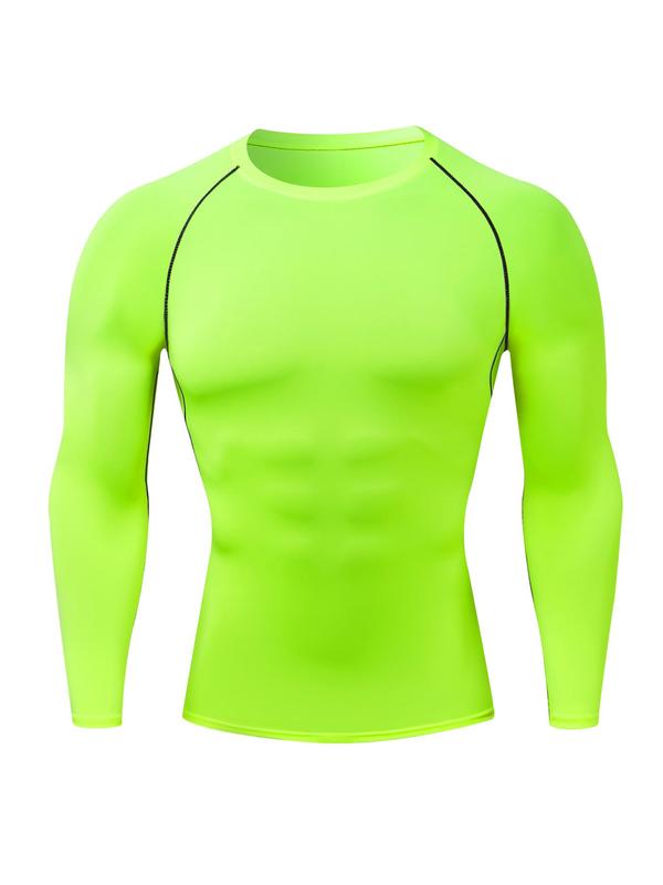 Men's Solid Round Neck Raglan Sleeve Sports Tee, Tight Quick Drying Long Sleeve Crew Neck T-shirt, Compression Shirts, Gym Tops, Back To School Tops, Sportswear Clothing Workout Tops for Gym Workout Running, Fallfreshness Clothes