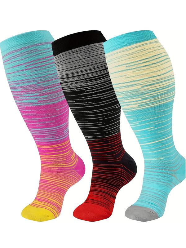 Unisex's Colorblock Striped Print Compression Socks, Ombre Knee High Sports Socks for Running Hiking, Athletic Socks for Men & Women