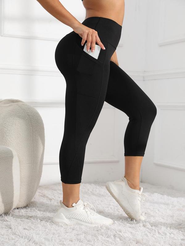 Plus Size Solid Pocket Sports Capri Leggings, Breathable Comfortable High Stretch Yoga Leggings, Ladies Sportswear for Indoor Outdoor Wear