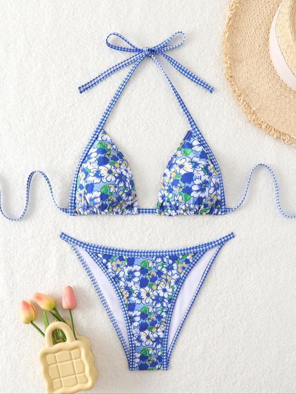 Two-Piece Set Women's Floral Print Contrast Binding Halter Wireless Triangle Bikini Top & Tie Side Swim Thong Bikini Set, Casual Fashion Chic Swimwear Set for Beach Holiday Vacation, Ladies Summer Clothes