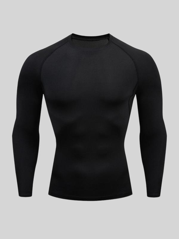 Men's Solid Round Neck Raglan Sleeve Sports Tee, Tight Quick Drying Long Sleeve Crew Neck T-shirt, Compression Shirts, Gym Tops, Back To School Tops, Sportswear Clothing Workout Tops for Gym Workout Running, Fallfreshness Clothes