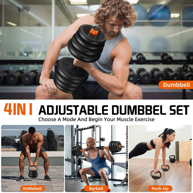 66LBS 4 in 1 Adjustable Dumbbell Set with Connecting Rod Used as Barbell, Kettlebells, Push up Stand, Fitness Exercises for Home Gym, Orange