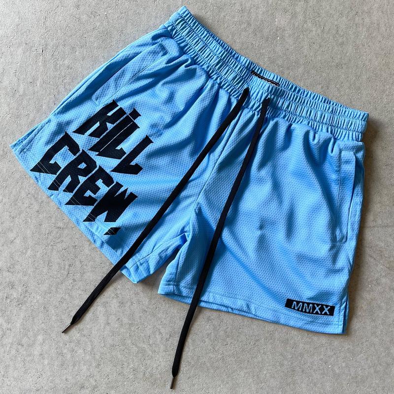 [Kill Crew] Muay Thai Shorts Logo - Blue, Unisex, Mid Thigh Cut, Pockets, Gym Shorts, Elastic Waistband, Long drawcord with wax tips