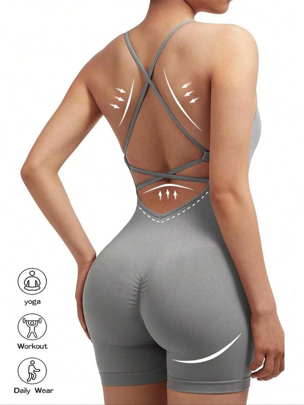 Women's Solid Criss Cross Backless Sports Romper, High Stretch Seamless Quick Drying Ruched Breathable Sports Jumpsuit For Yoga Gym Workout, Ladies Sportswear For All Seasons, Tummy Control