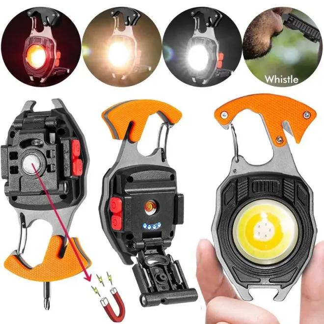 Outdoor Portable Working Lights USB Charging Rechargeable Magnet Bottle Opener Whistle Emergency Light Rechargeable Keychain Camping Light